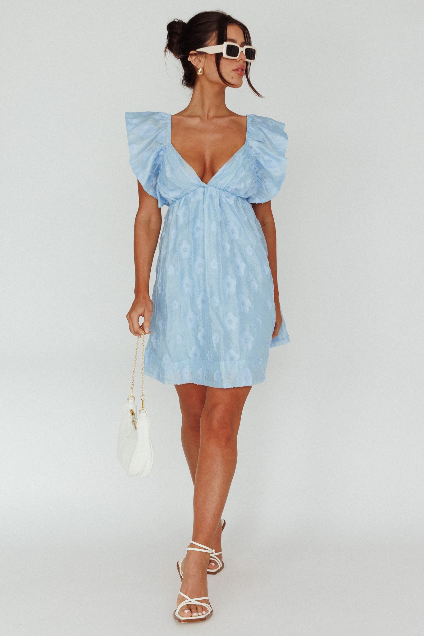 Melrose Place Floral Textured Frill Dress Powder Blue by Selfie Leslie Australia