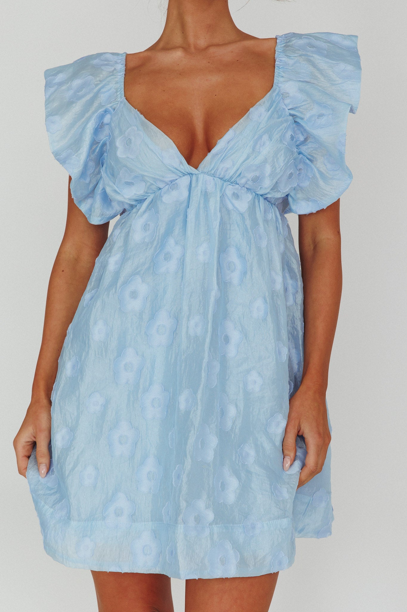 Melrose Place Floral Textured Frill Dress Powder Blue by Selfie Leslie Australia