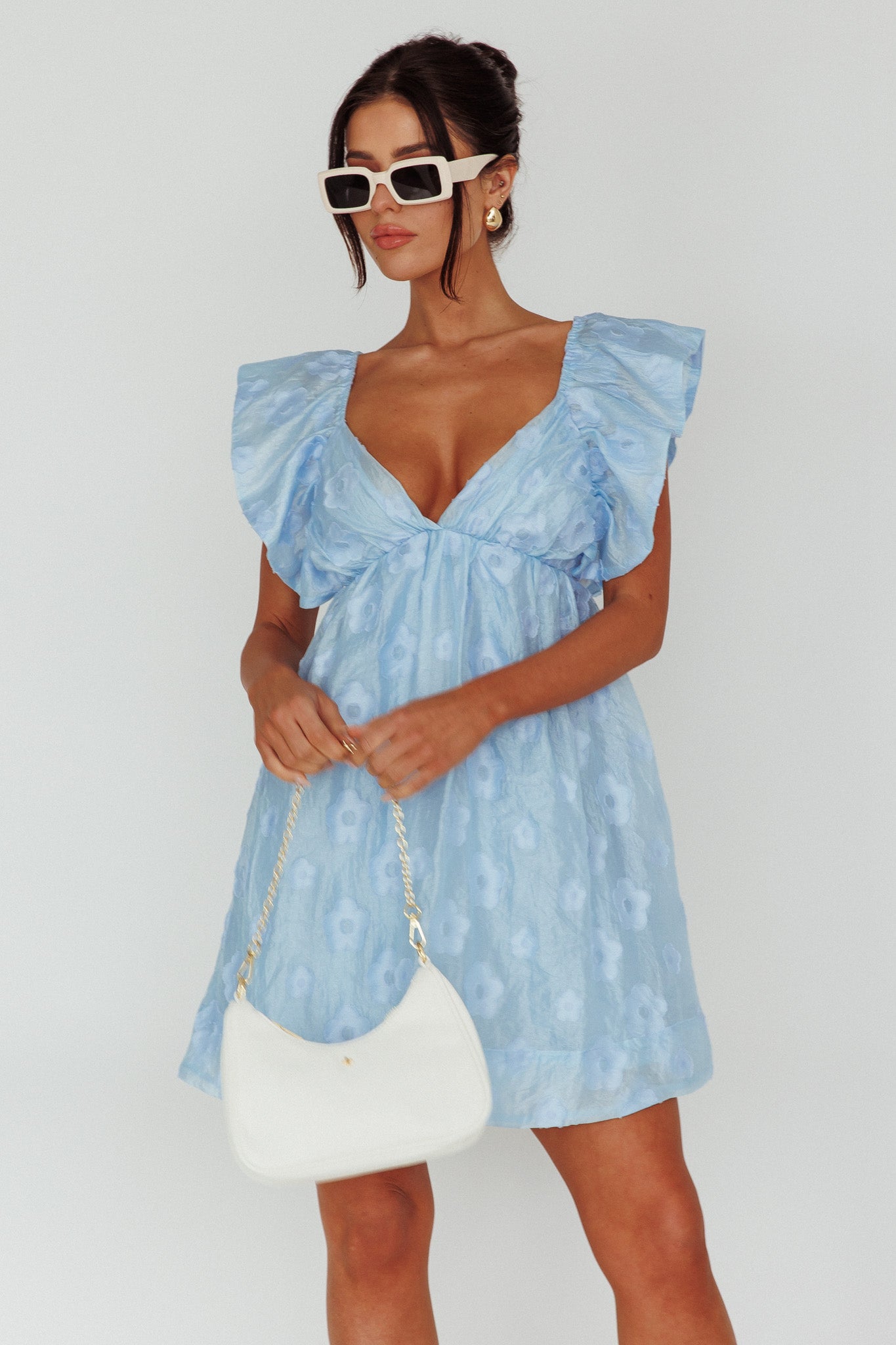 Melrose Place Floral Textured Frill Dress Powder Blue by Selfie Leslie Australia