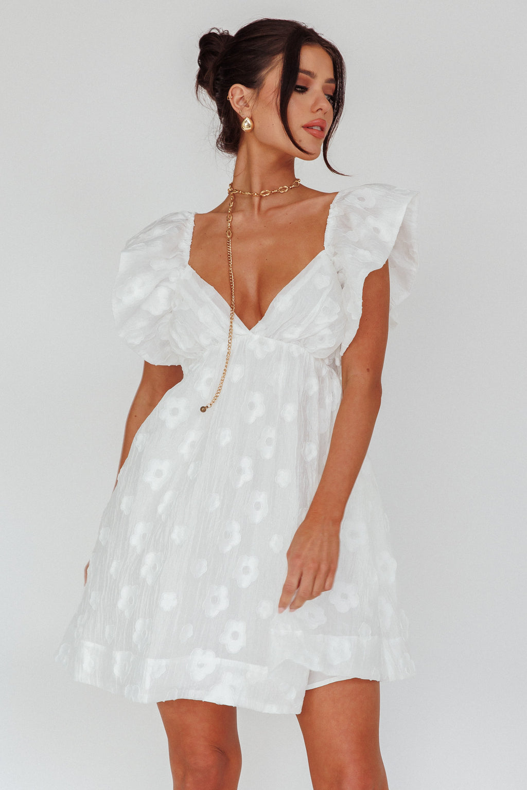 Melrose Place Floral Textured Frill Dress White by Selfie Leslie Australia