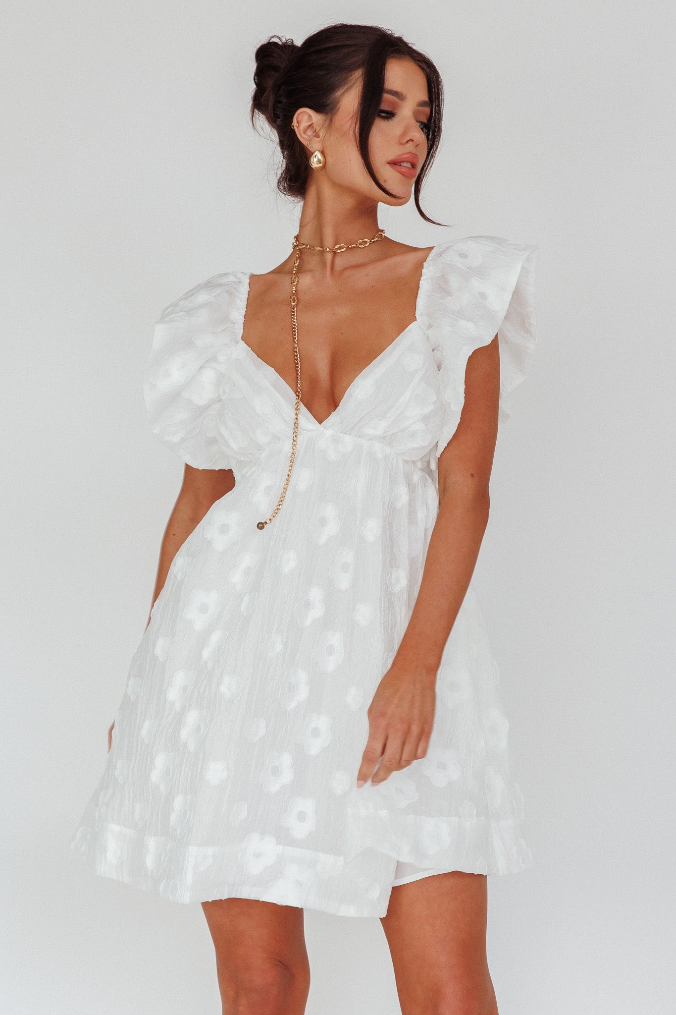 Melrose Place Floral Textured Frill Dress White by Selfie Leslie Australia