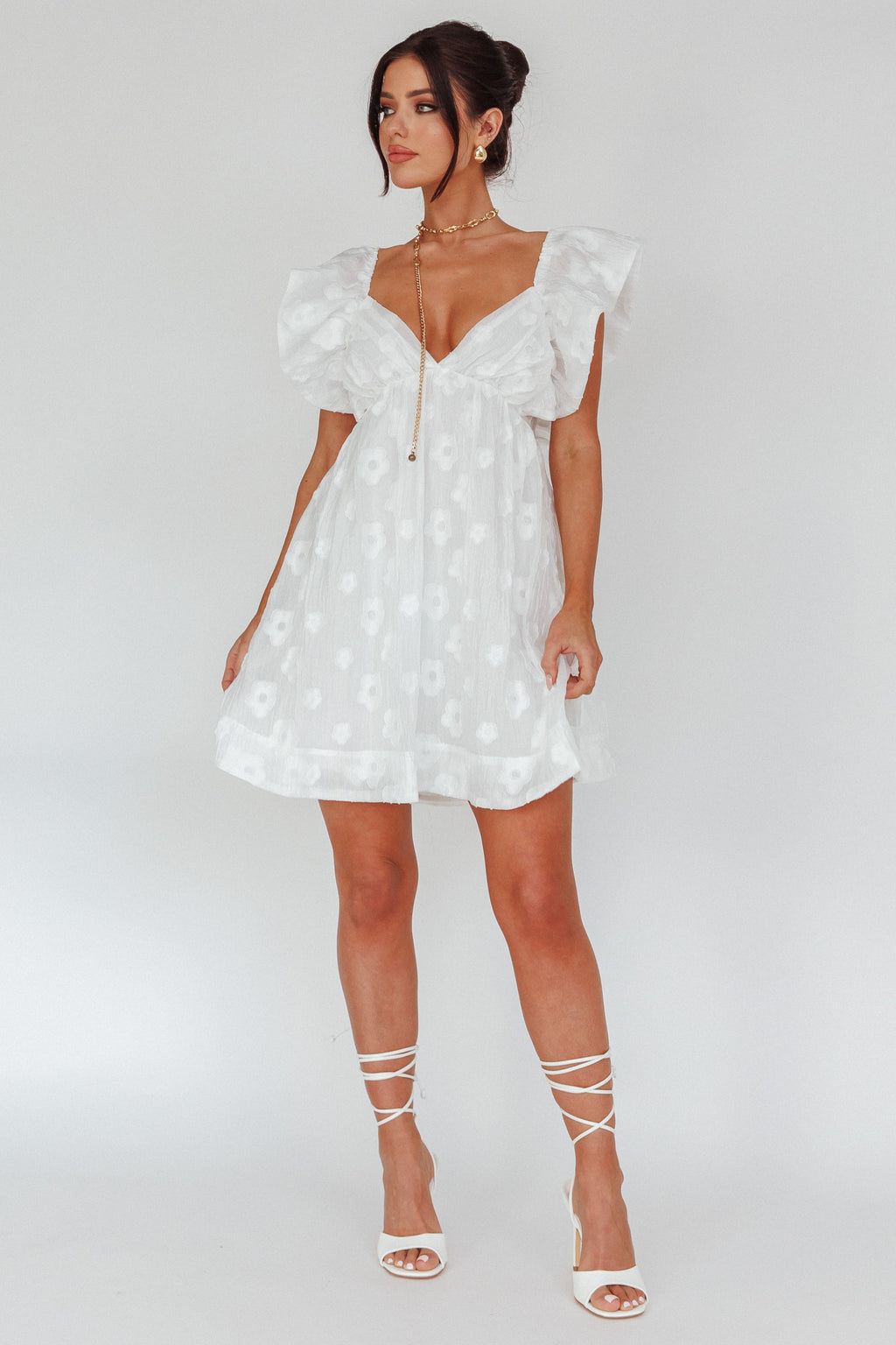 Melrose Place Floral Textured Frill Dress White by Selfie Leslie Australia