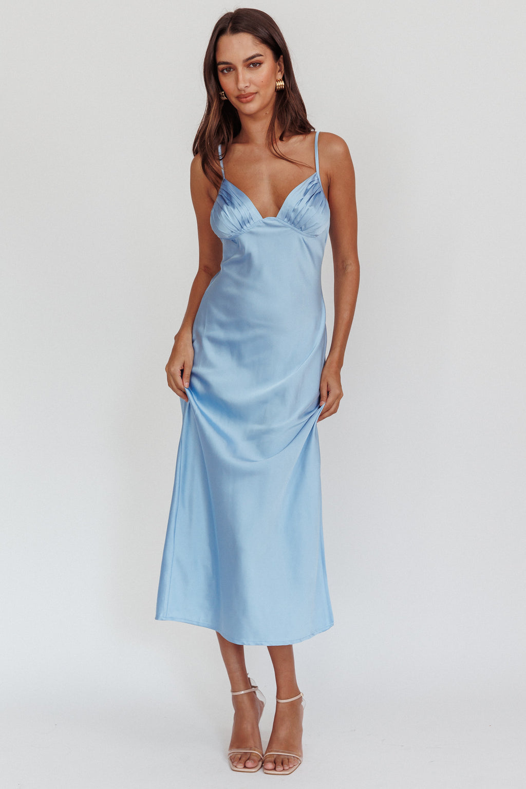 Felicity Pleat Bust Split Midi Dress Blue by Selfie Leslie Australia