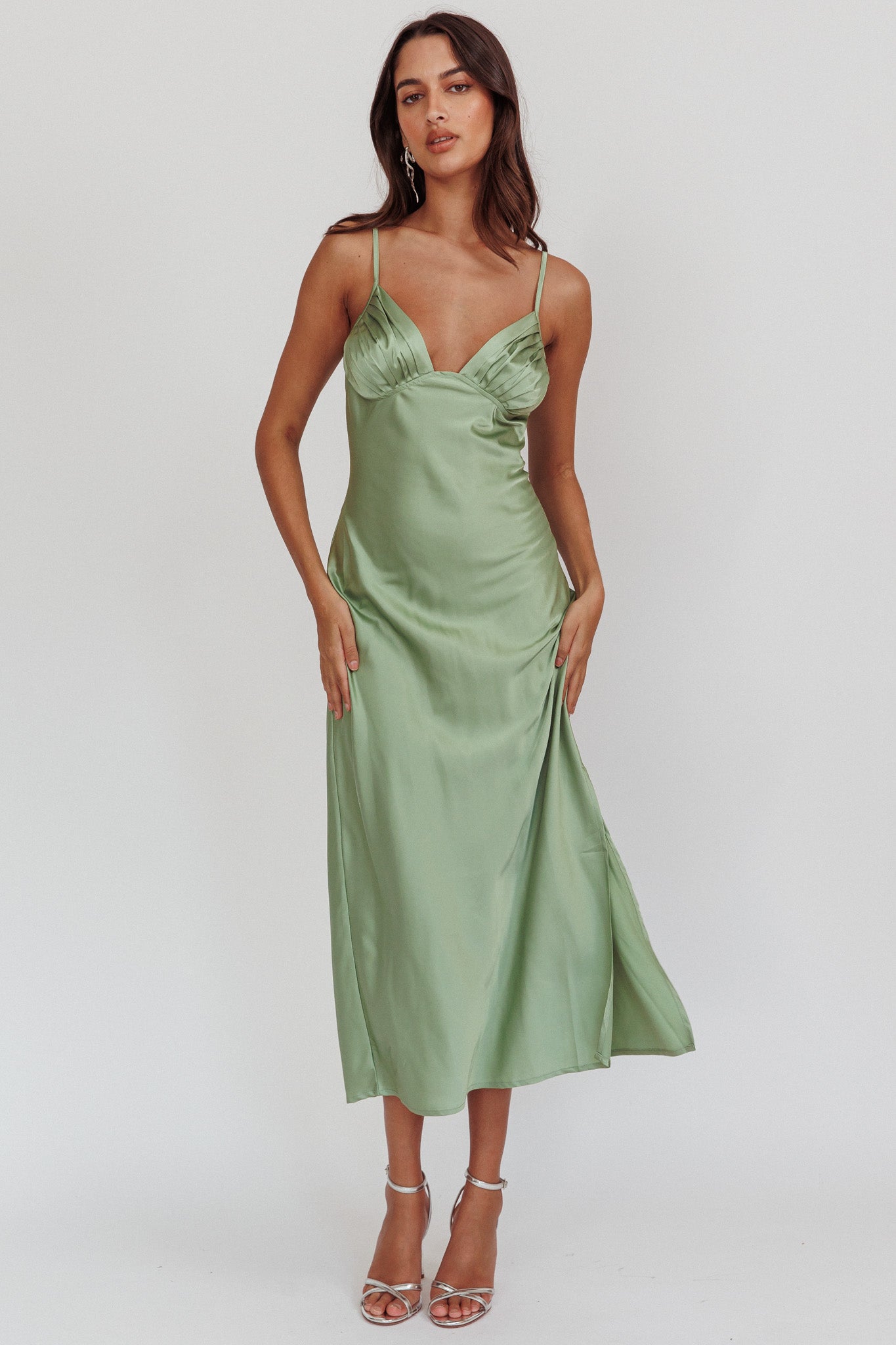 Felicity Pleat Bust Split Midi Dress Sage by Selfie Leslie Australia