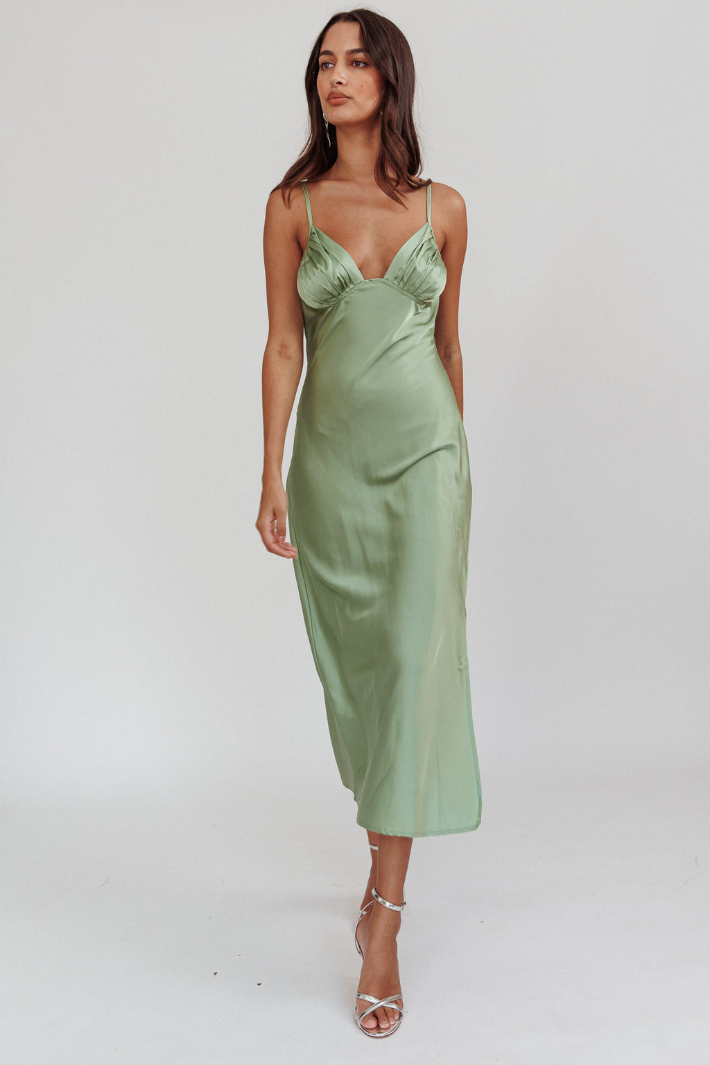 Felicity Pleat Bust Split Midi Dress Sage by Selfie Leslie Australia
