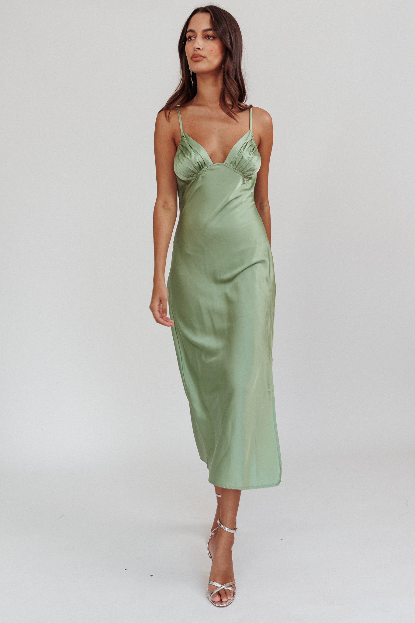Felicity Pleat Bust Split Midi Dress Sage by Selfie Leslie Australia