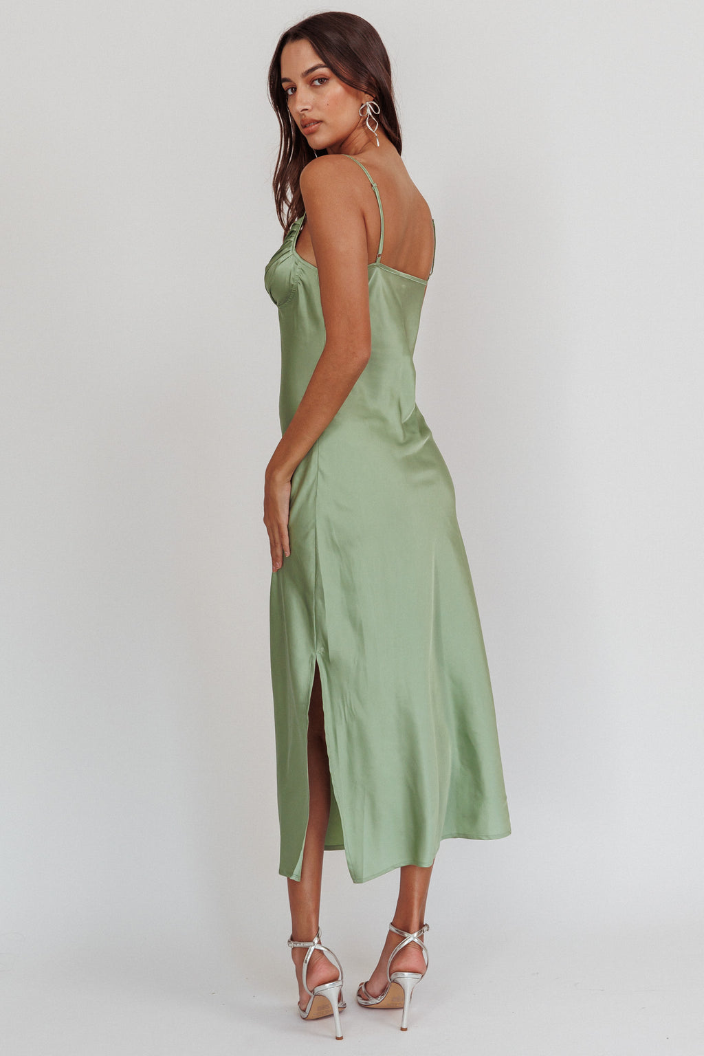 Felicity Pleat Bust Split Midi Dress Sage by Selfie Leslie Australia