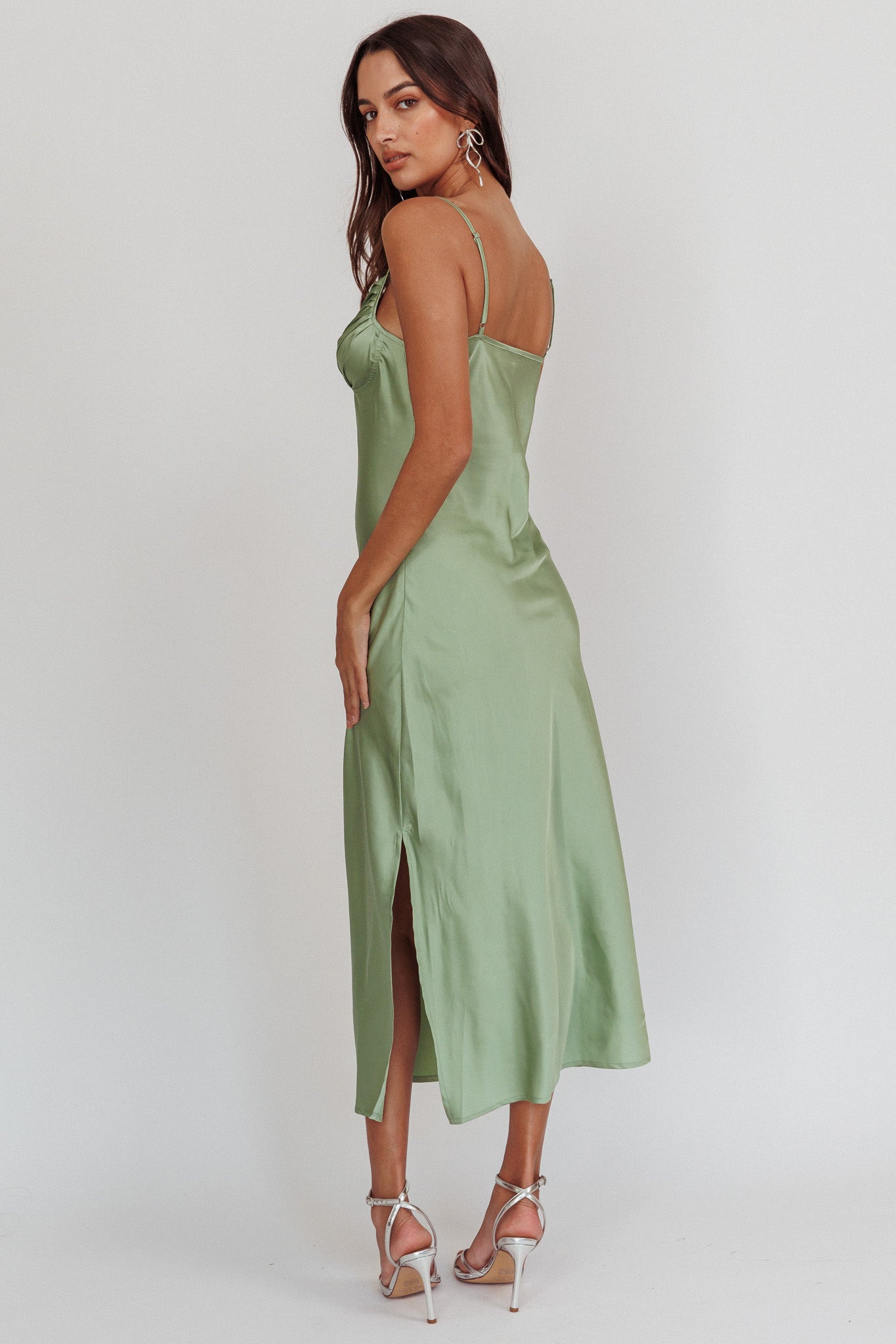 Felicity Pleat Bust Split Midi Dress Sage by Selfie Leslie Australia