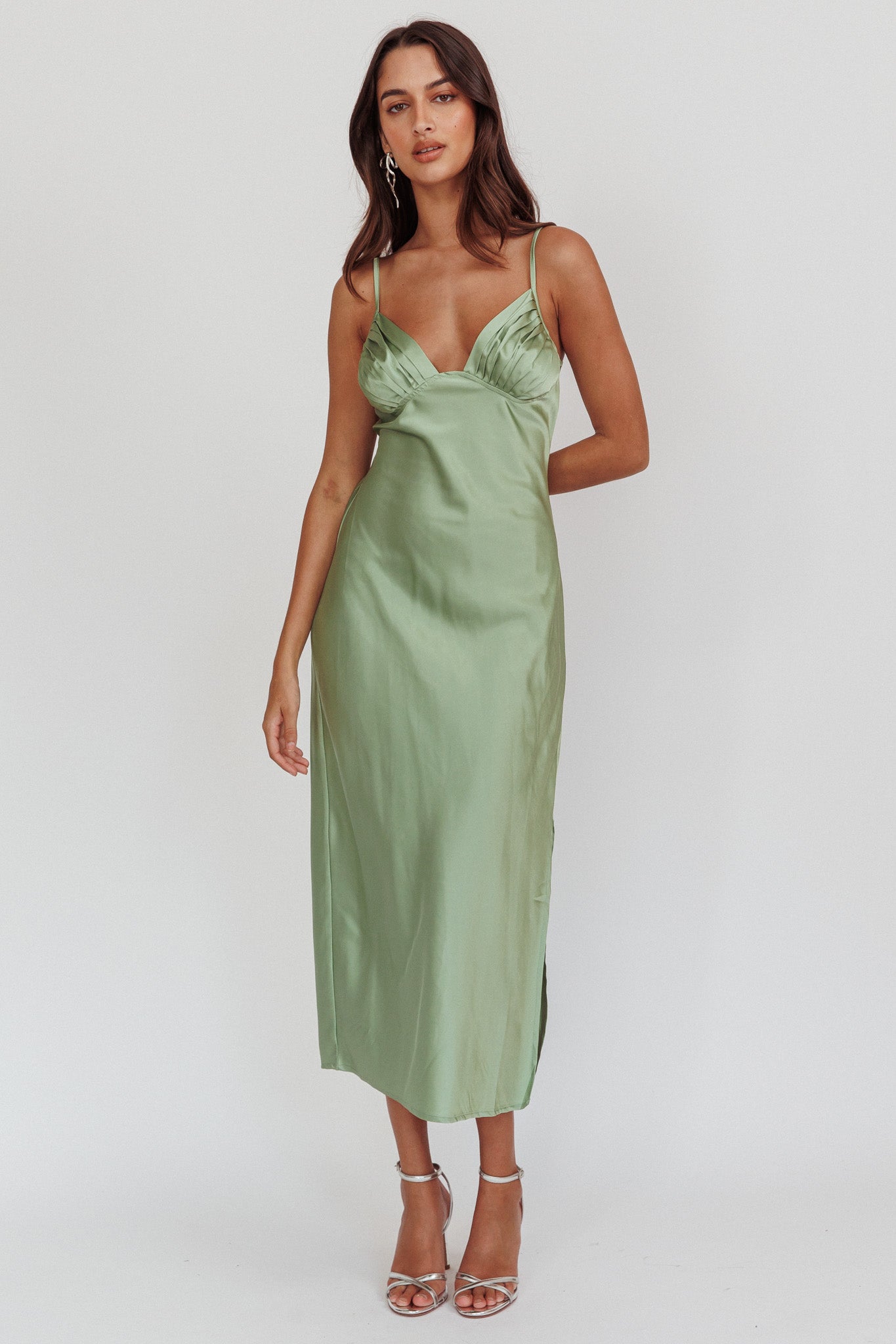 Felicity Pleat Bust Split Midi Dress Sage by Selfie Leslie Australia