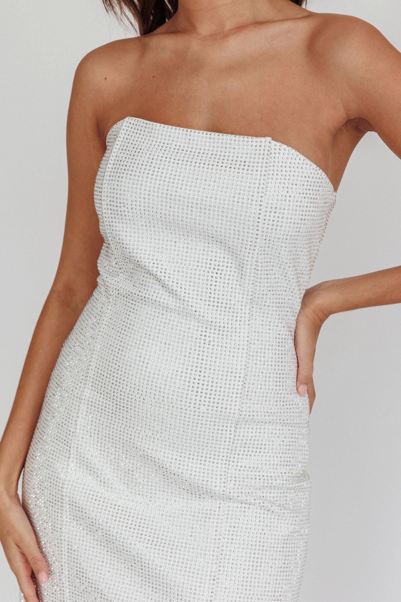 This Feeling Strapless Diamante Mini Dress White by Selfie Leslie Australia