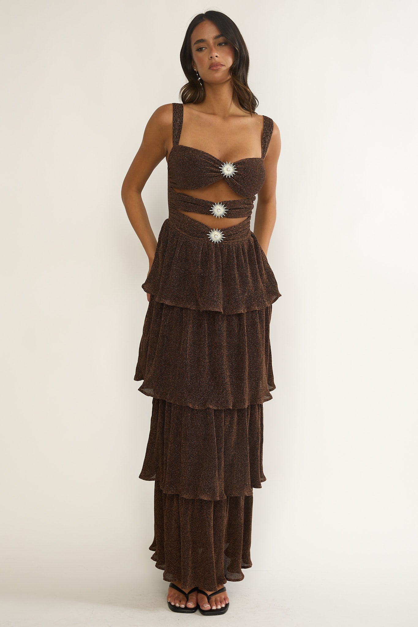 Ceylon Cut-Out Bodice Layered Maxi Dress Bronze by Selfie Leslie Australia
