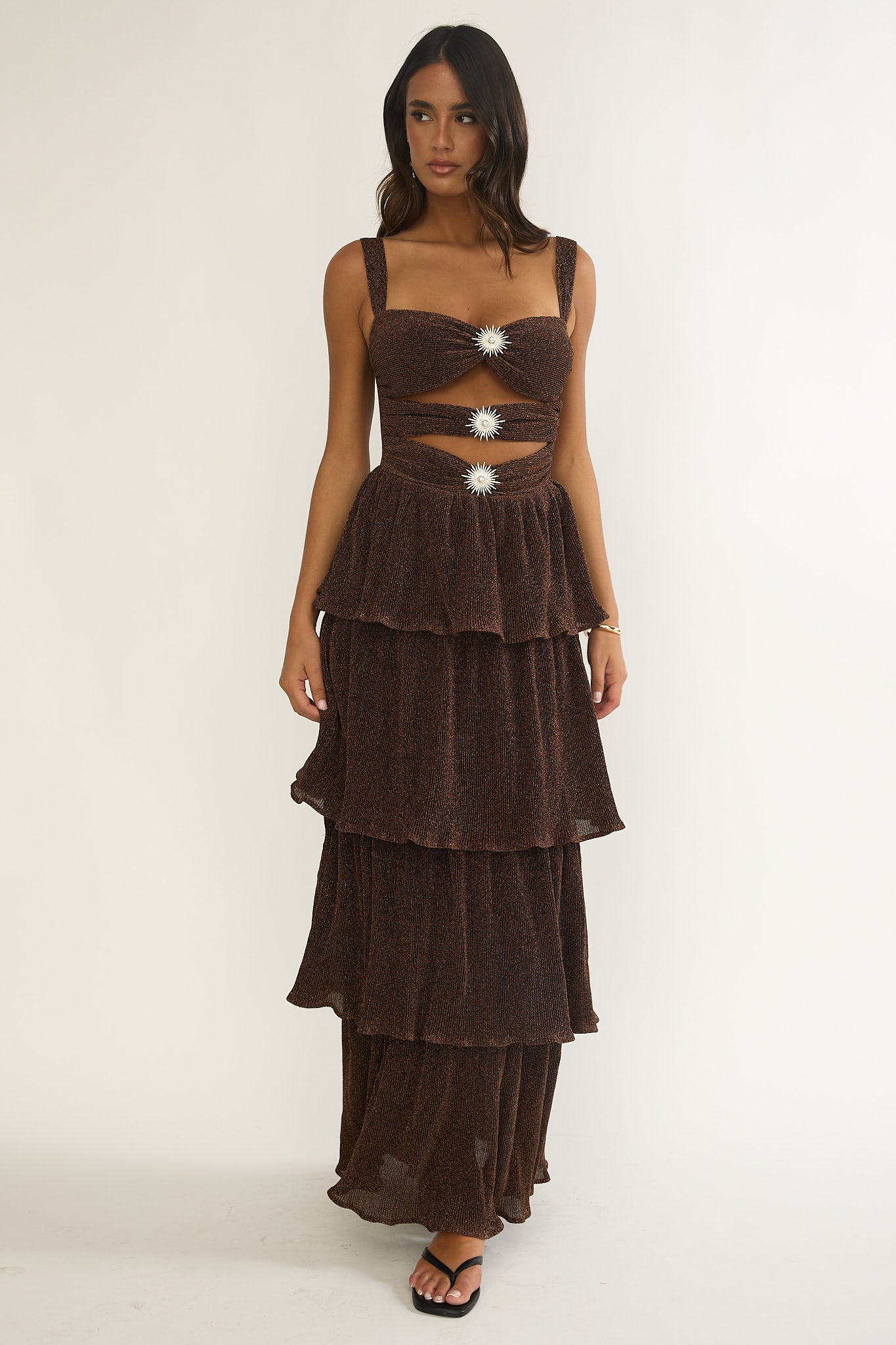 Ceylon Cut-Out Bodice Layered Maxi Dress Bronze by Selfie Leslie Australia