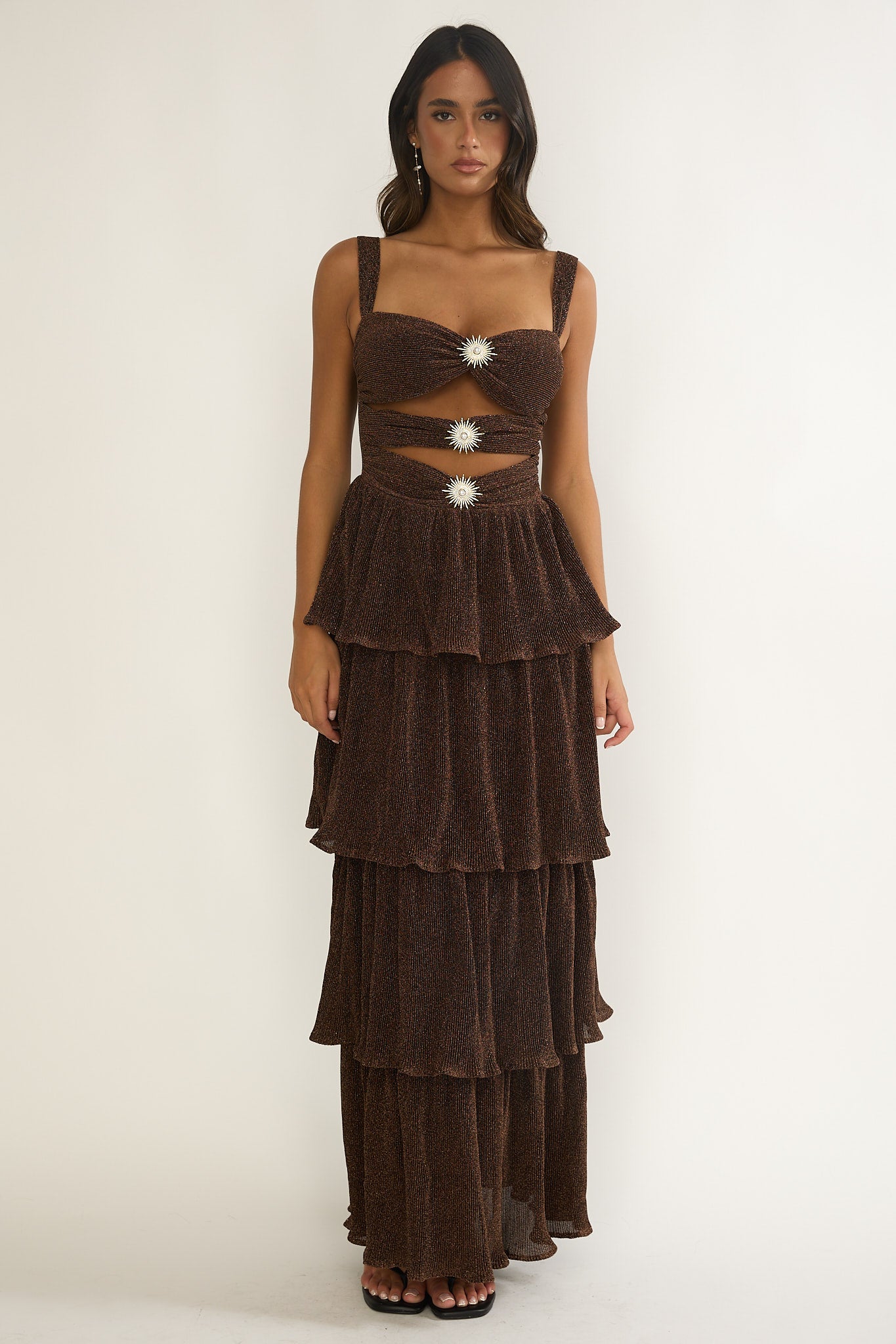 Ceylon Cut-Out Bodice Layered Maxi Dress Bronze by Selfie Leslie Australia