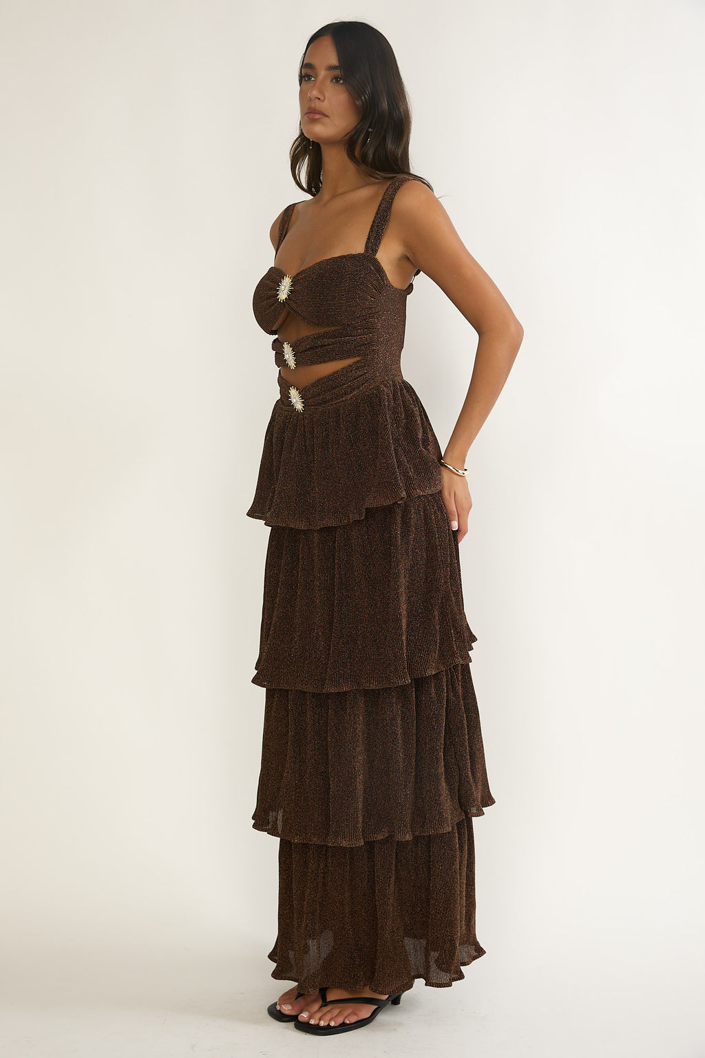 Ceylon Cut-Out Bodice Layered Maxi Dress Bronze by Selfie Leslie Australia