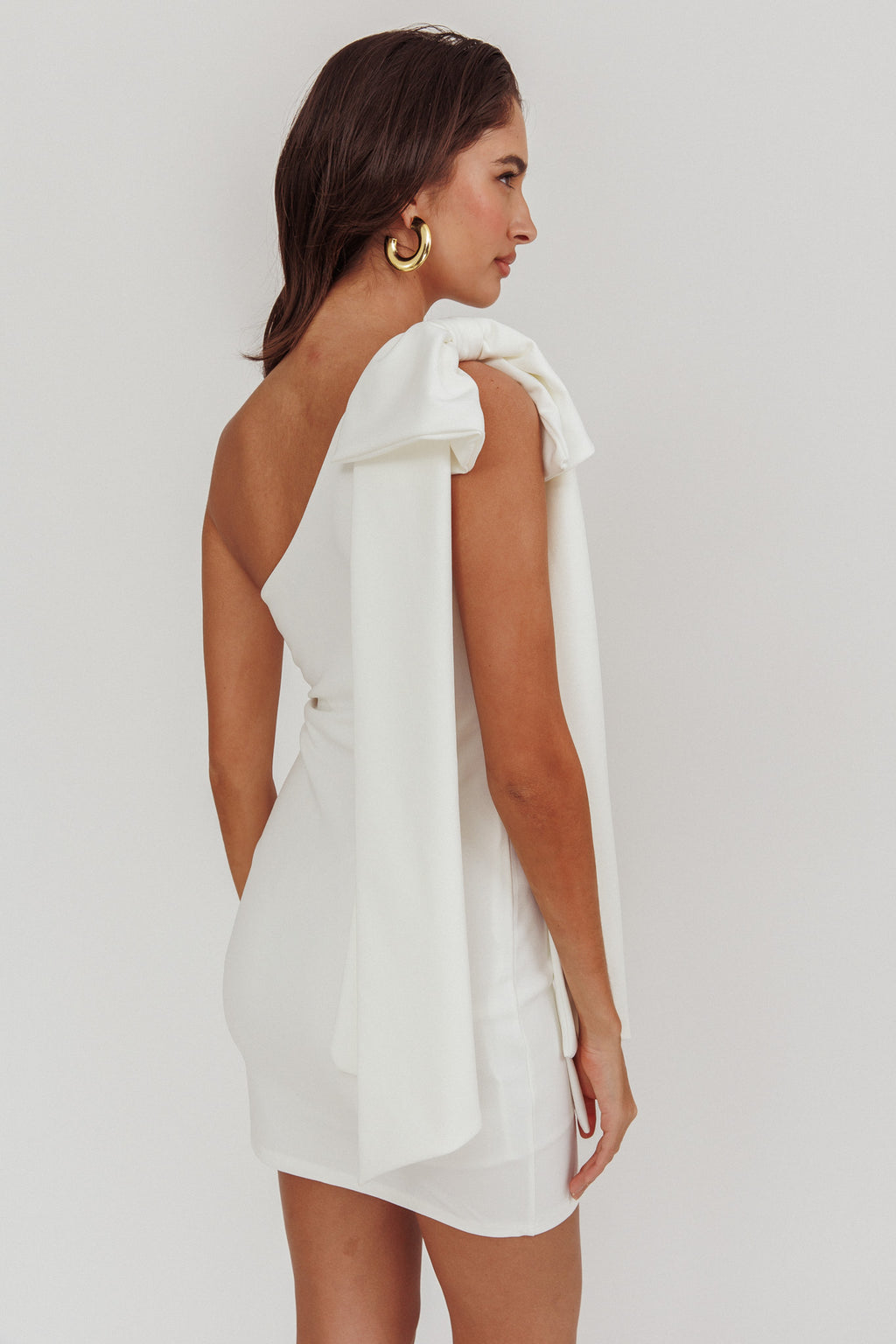Earned It One Shoulder Bow Mini Dress Ivory by Selfie Leslie Australia