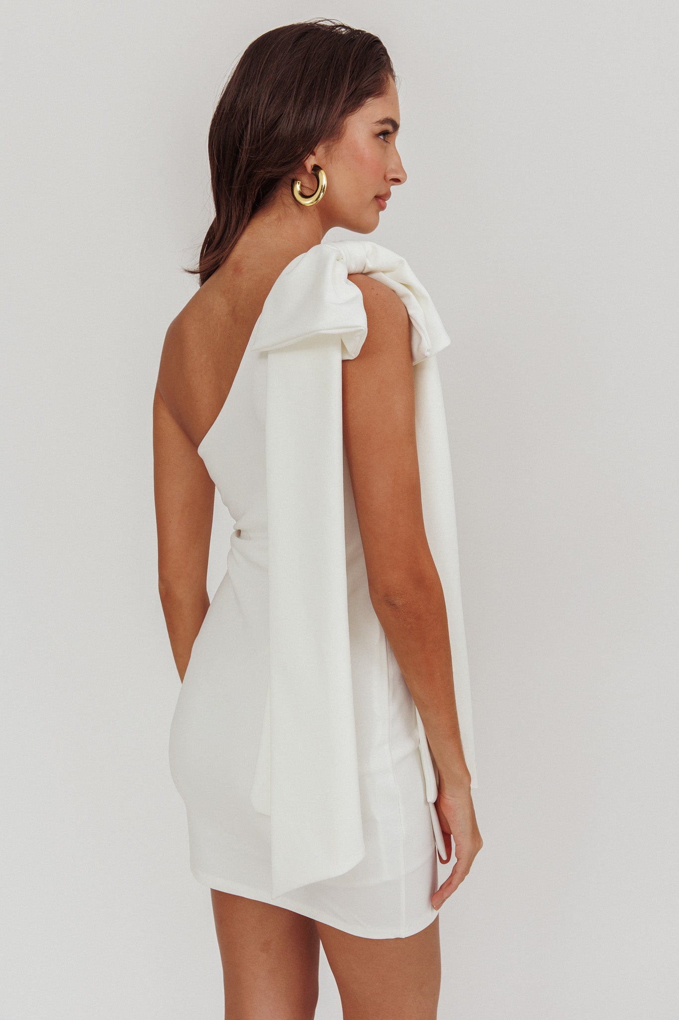 Earned It One Shoulder Bow Mini Dress Ivory by Selfie Leslie Australia