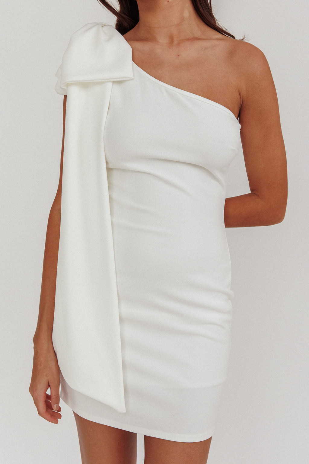 Earned It One Shoulder Bow Mini Dress Ivory by Selfie Leslie Australia