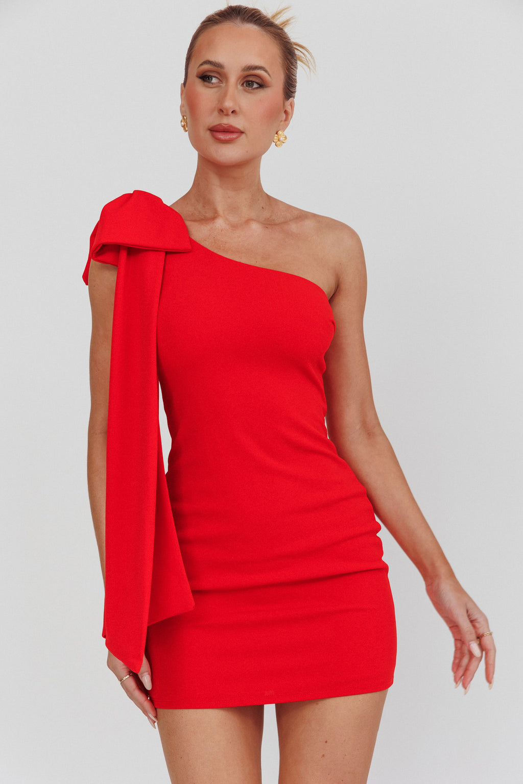 Earned It One Shoulder Bow Mini Dress Red by Selfie Leslie Australia