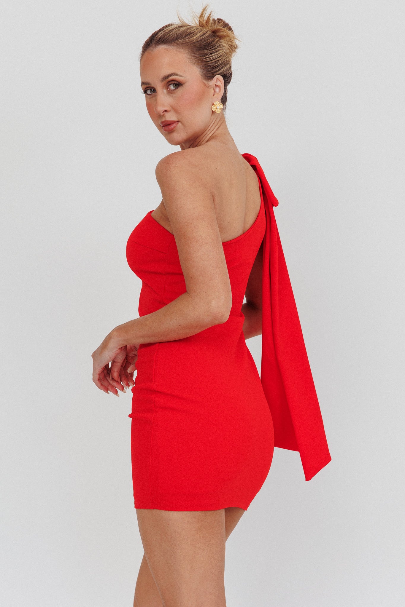 Earned It One Shoulder Bow Mini Dress Red by Selfie Leslie Australia