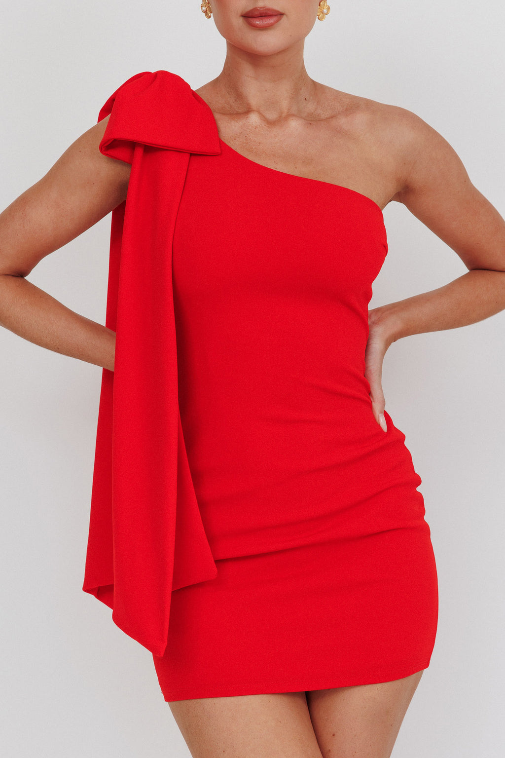 Earned It One Shoulder Bow Mini Dress Red by Selfie Leslie Australia