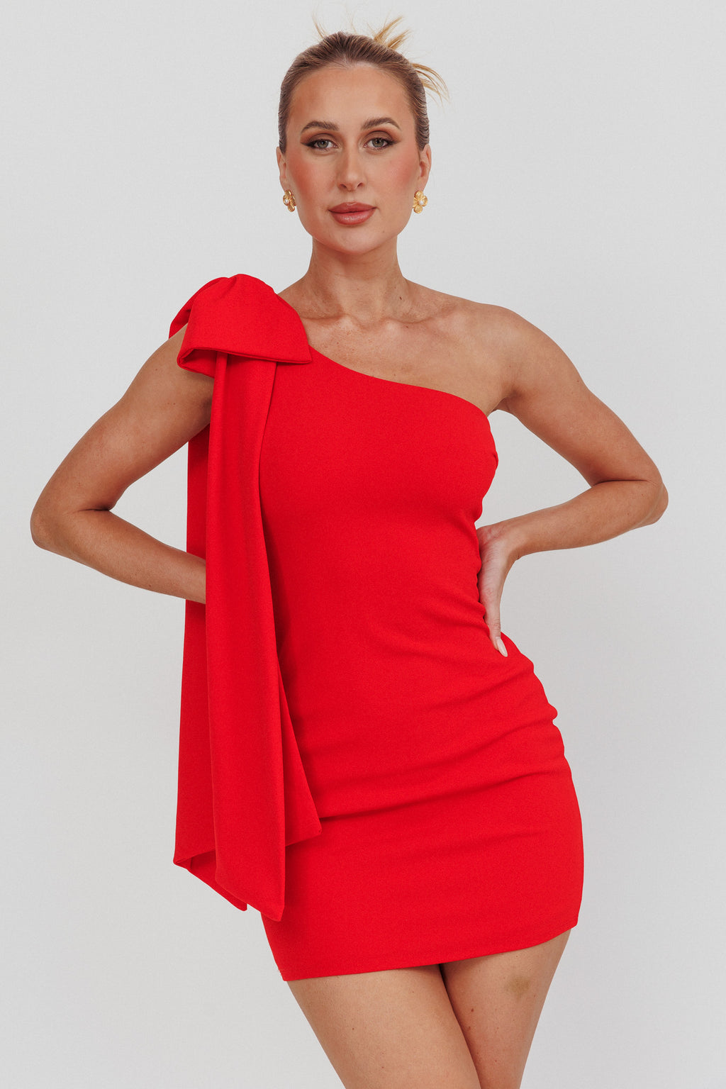 Earned It One Shoulder Bow Mini Dress Red by Selfie Leslie Australia