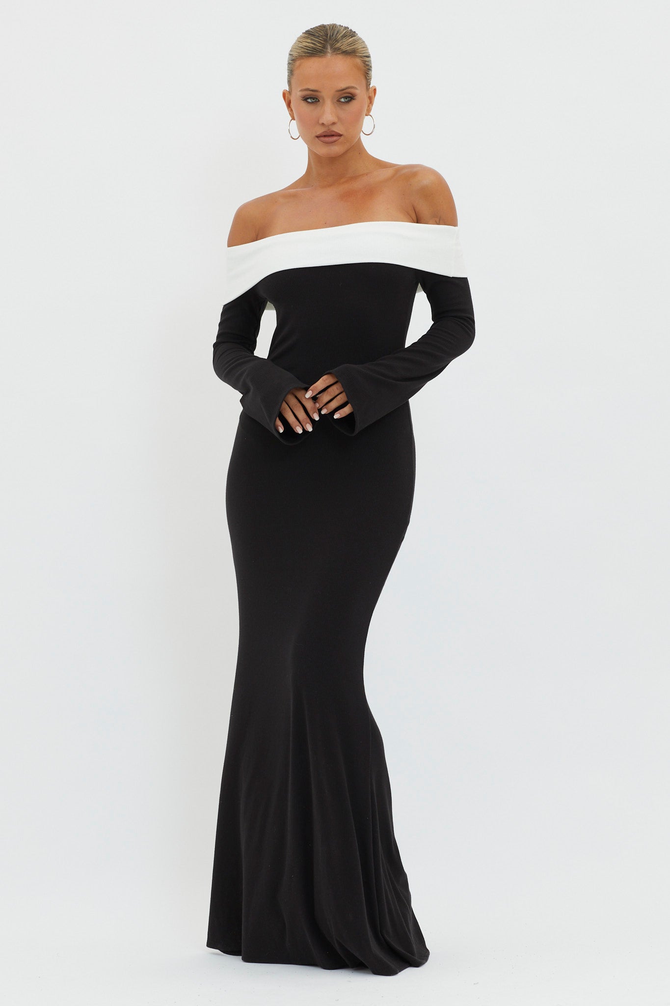 Sabrina Long Sleeve Off-Shoulder Maxi Dress Black by Selfie Leslie Australia