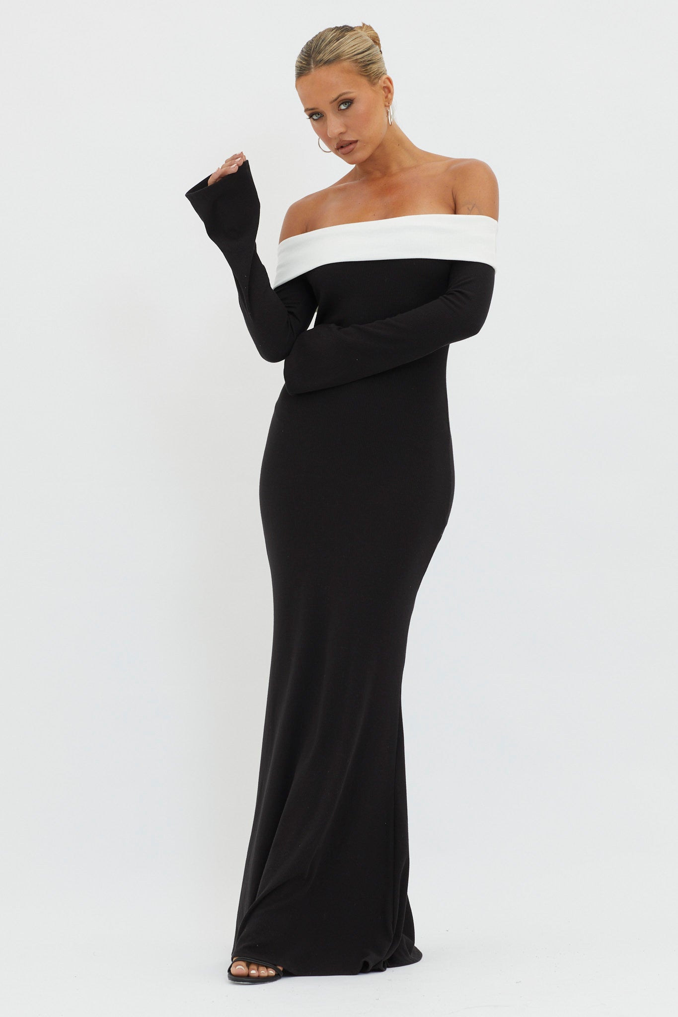 Sabrina Long Sleeve Off-Shoulder Maxi Dress Black by Selfie Leslie Australia