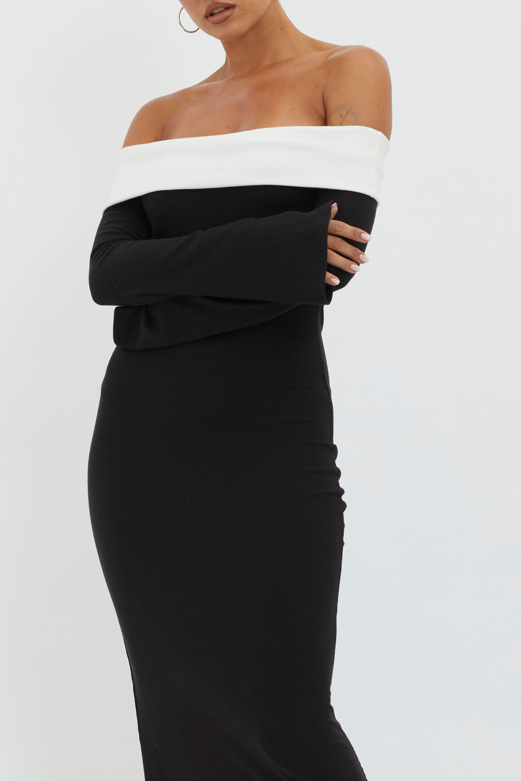Sabrina Long Sleeve Off-Shoulder Maxi Dress Black by Selfie Leslie Australia