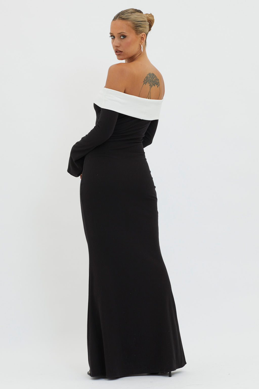 Sabrina Long Sleeve Off-Shoulder Maxi Dress Black by Selfie Leslie Australia