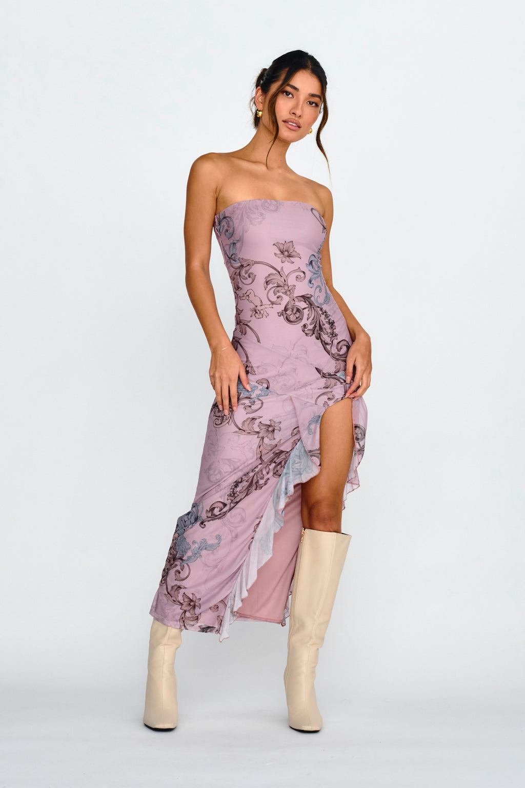 Shelby Strapless Ruffle Split Midi Dress Mauve by Selfie Leslie Australia