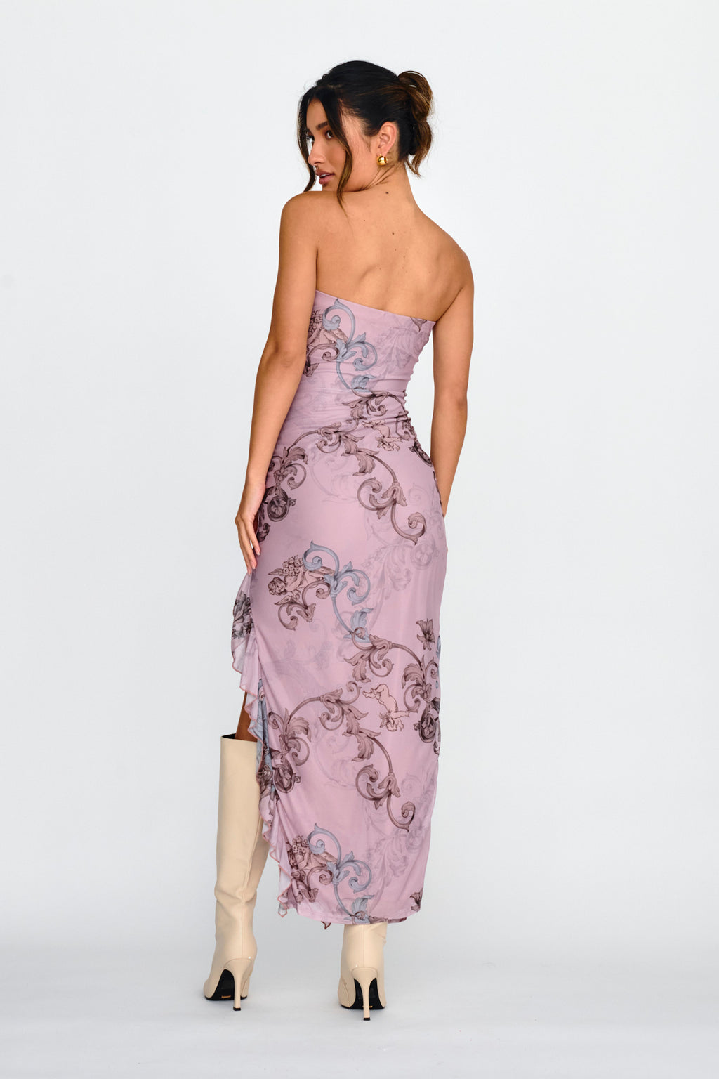 Shelby Strapless Ruffle Split Midi Dress Mauve by Selfie Leslie Australia