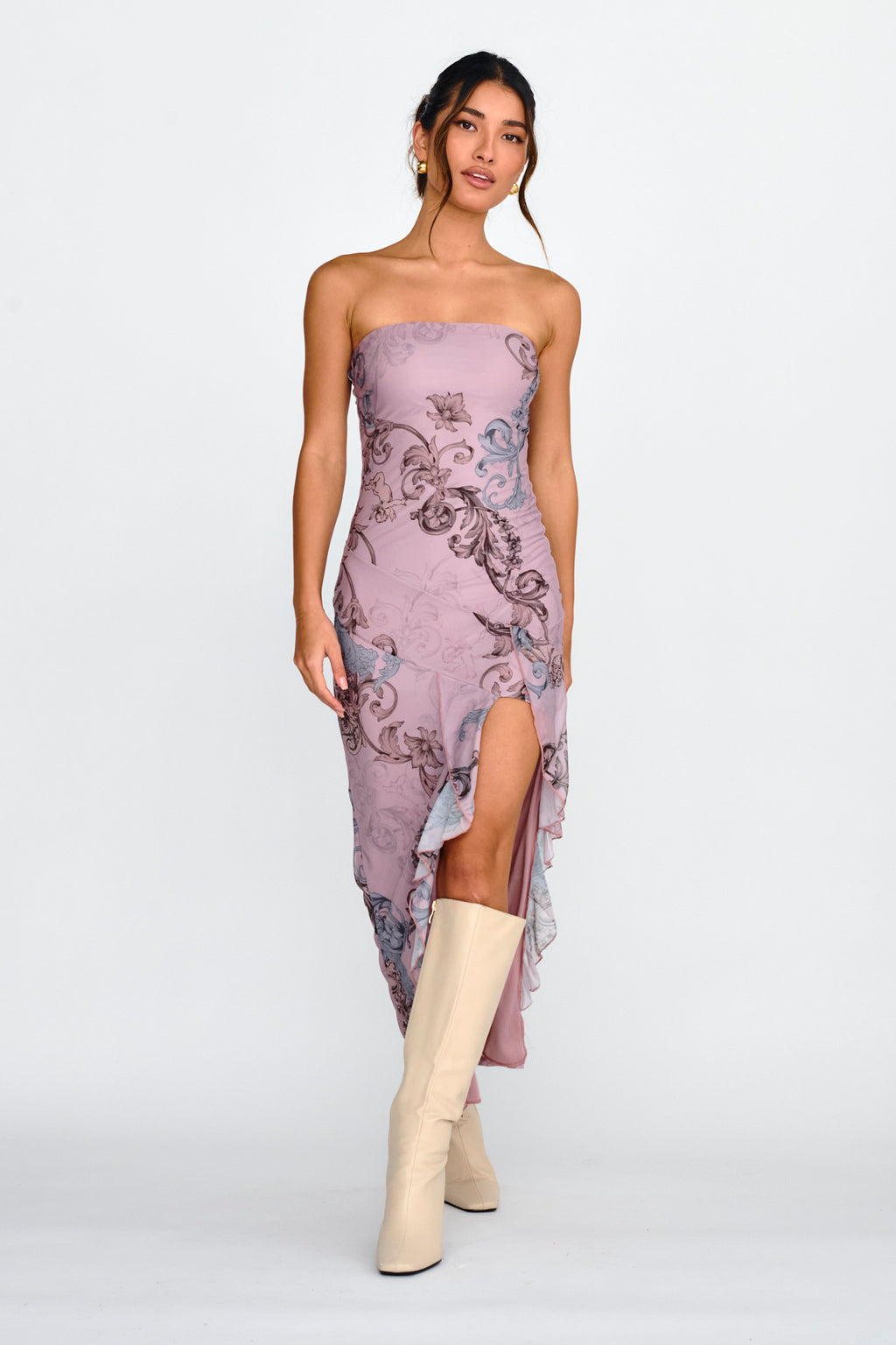 Shelby Strapless Ruffle Split Midi Dress Mauve by Selfie Leslie Australia