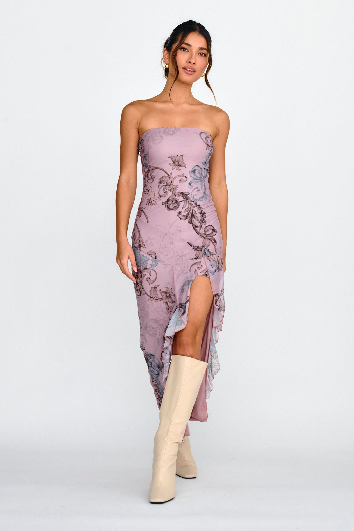 Shelby Strapless Ruffle Split Midi Dress Mauve by Selfie Leslie Australia