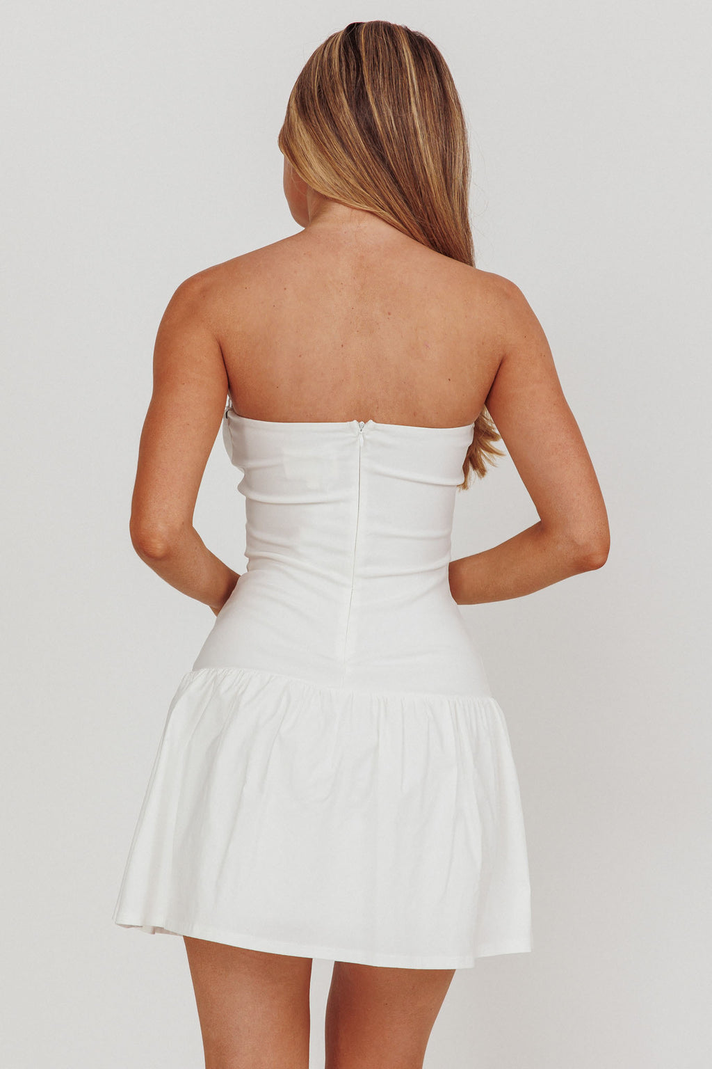 Cosmic Eyes Bow Strapless Mini Dress Off White by Selfie Leslie Australia