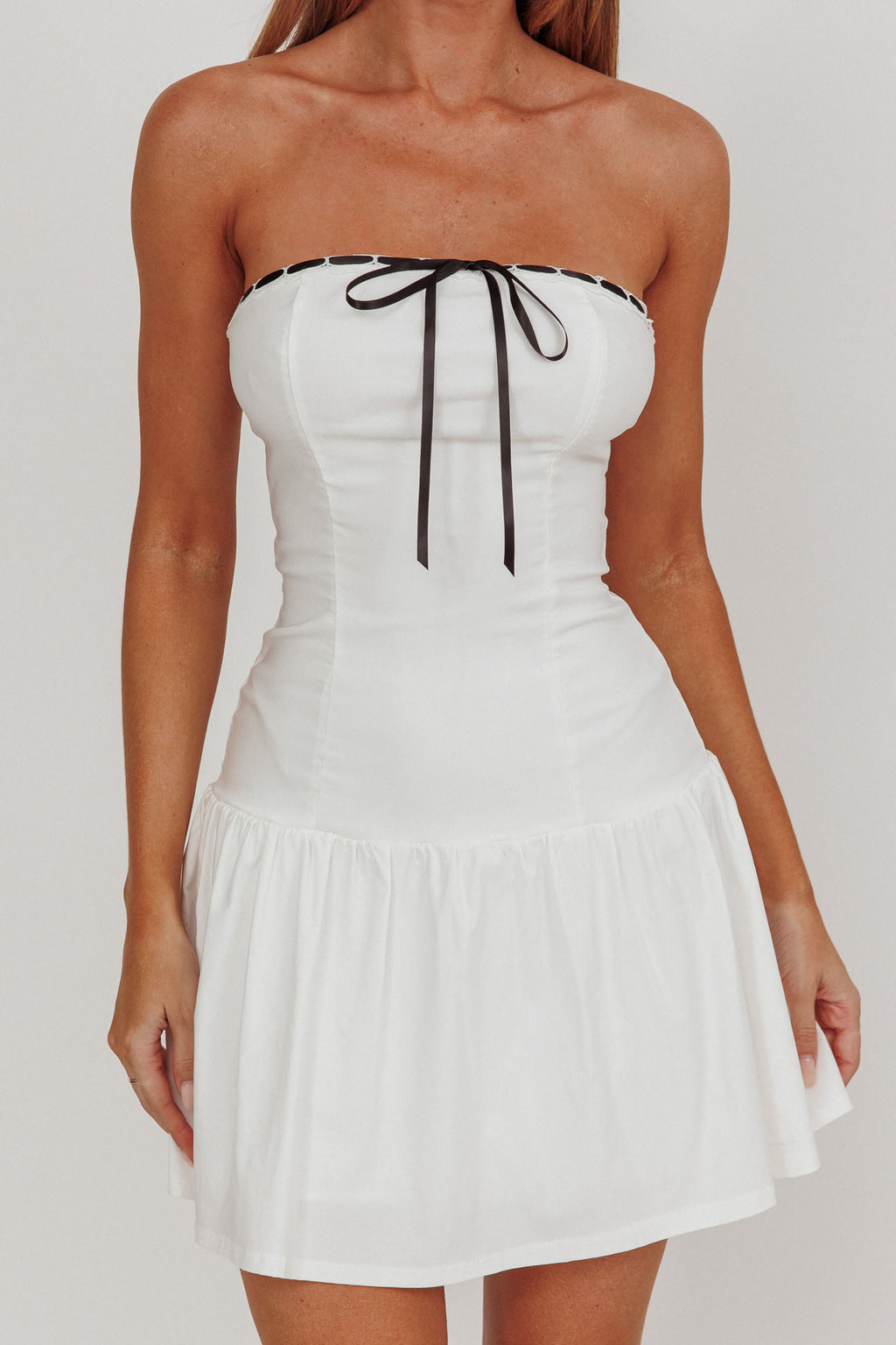 Cosmic Eyes Bow Strapless Mini Dress Off White by Selfie Leslie Australia