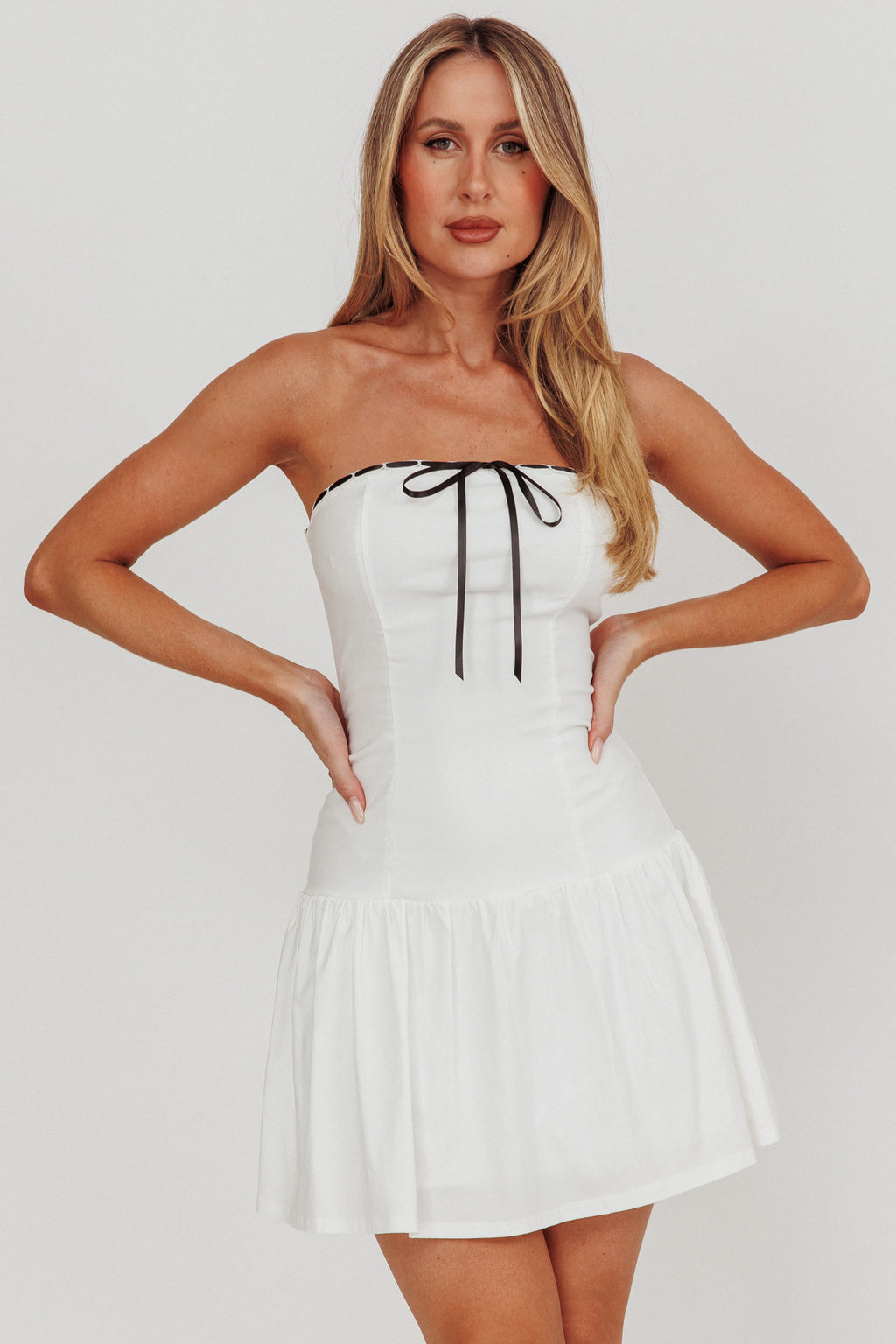 Cosmic Eyes Bow Strapless Mini Dress Off White by Selfie Leslie Australia