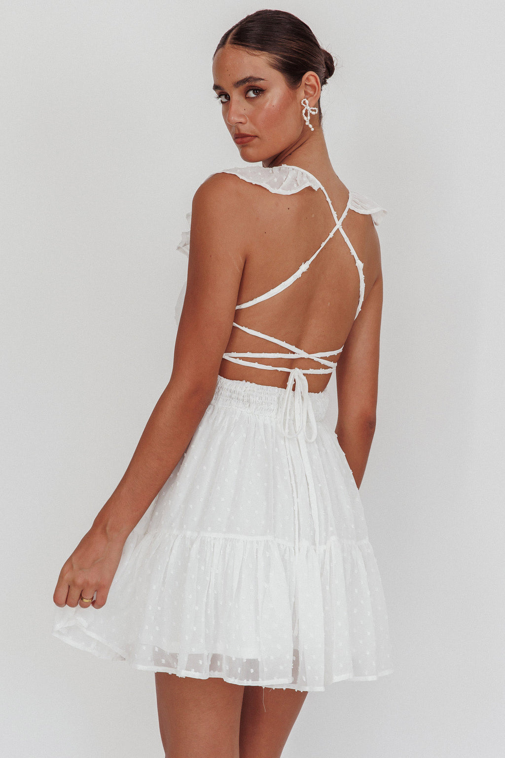 Franki Strappy Back Mini Dress Hail Spot White by Selfie Leslie Australia