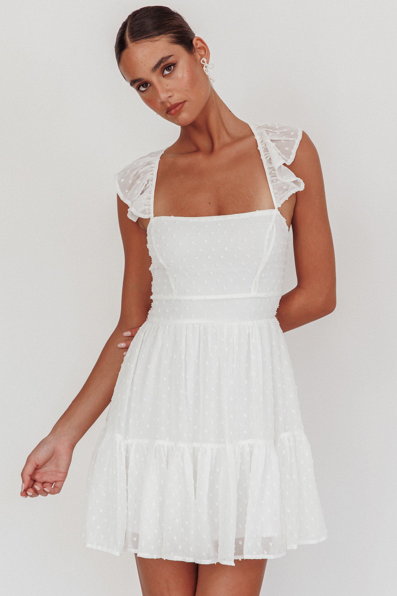 Franki Strappy Back Mini Dress Hail Spot White by Selfie Leslie Australia