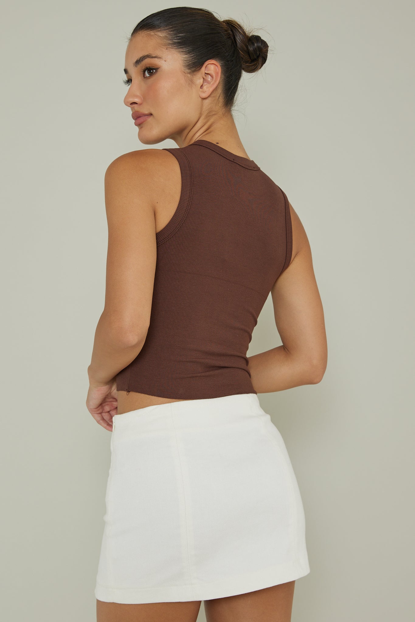 Mayra Crew Neck Crop Top Brown by Selfie Leslie Australia