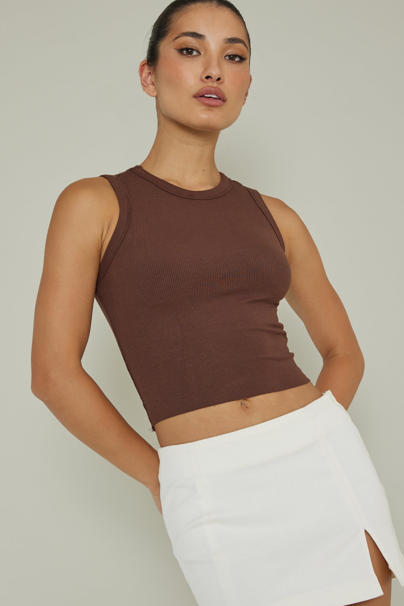 Mayra Crew Neck Crop Top Brown by Selfie Leslie Australia