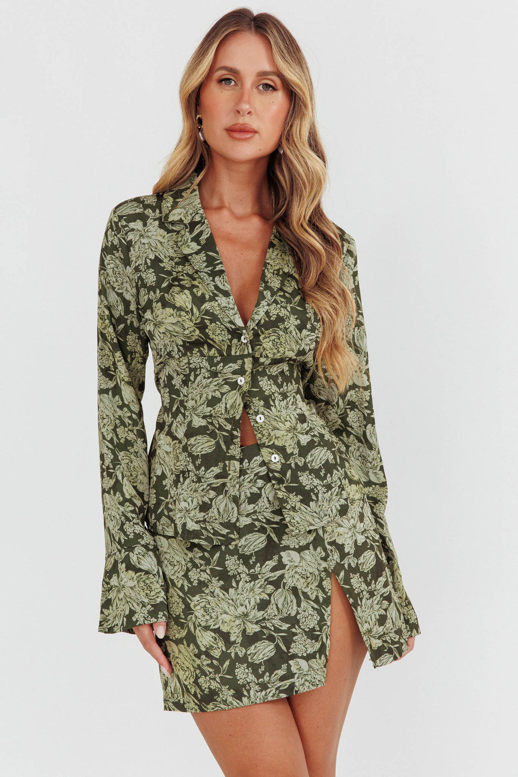 Palmas Split Mini Skirt Floral Olive by Selfie Leslie Australia