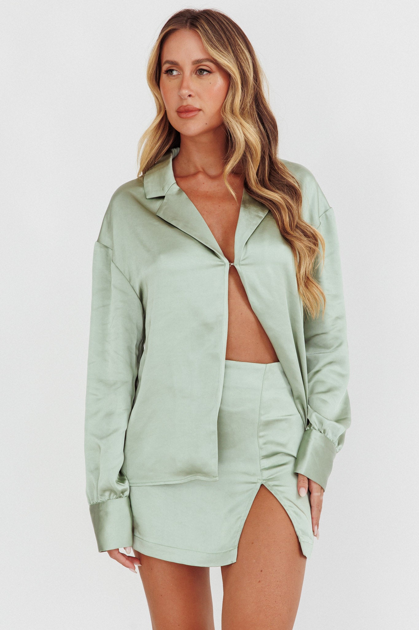 Coco Satin Mini Skirt Sage by Selfie Leslie Australia
