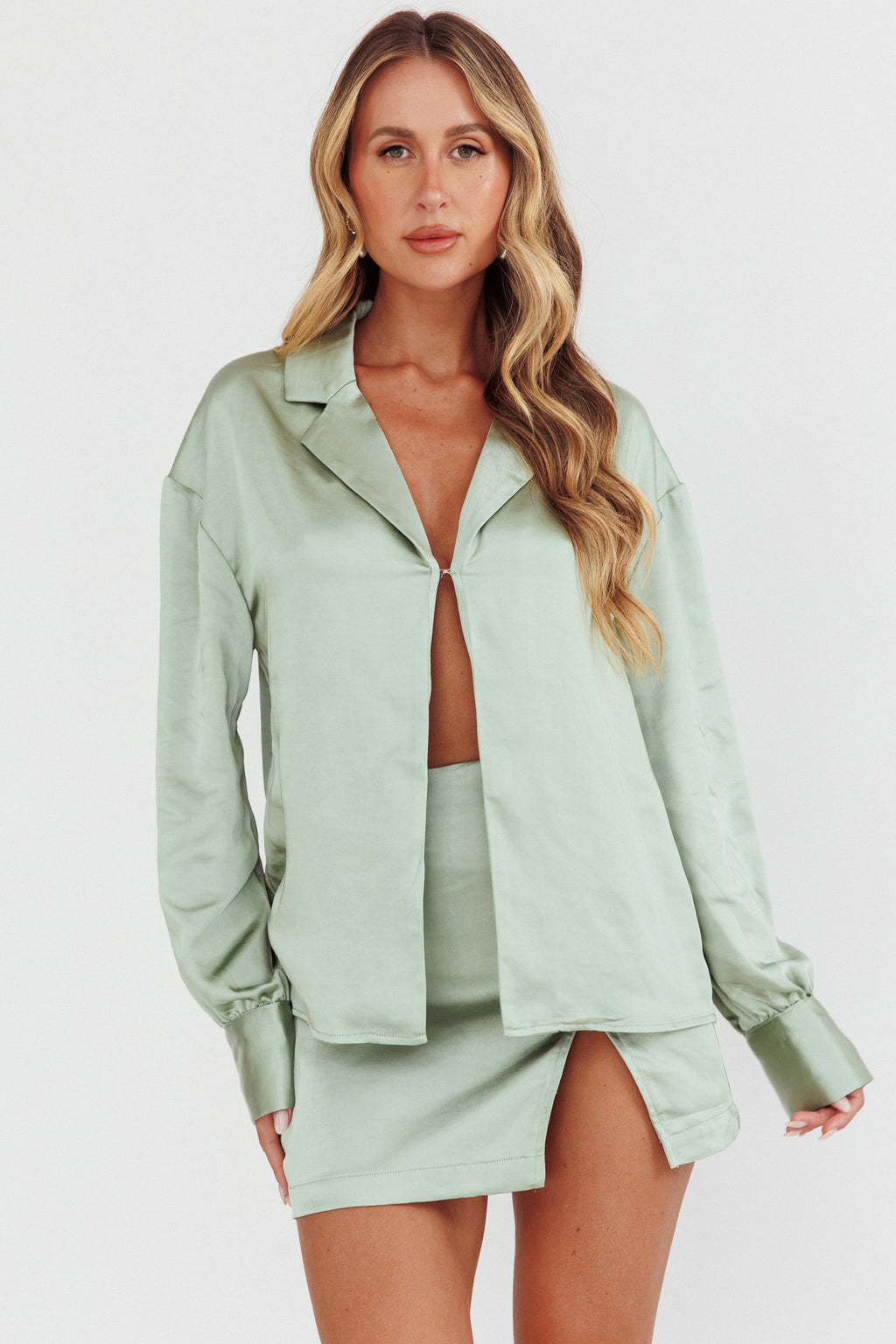 Coco Long Sleeve Satin Shirt Sage by Selfie Leslie Australia
