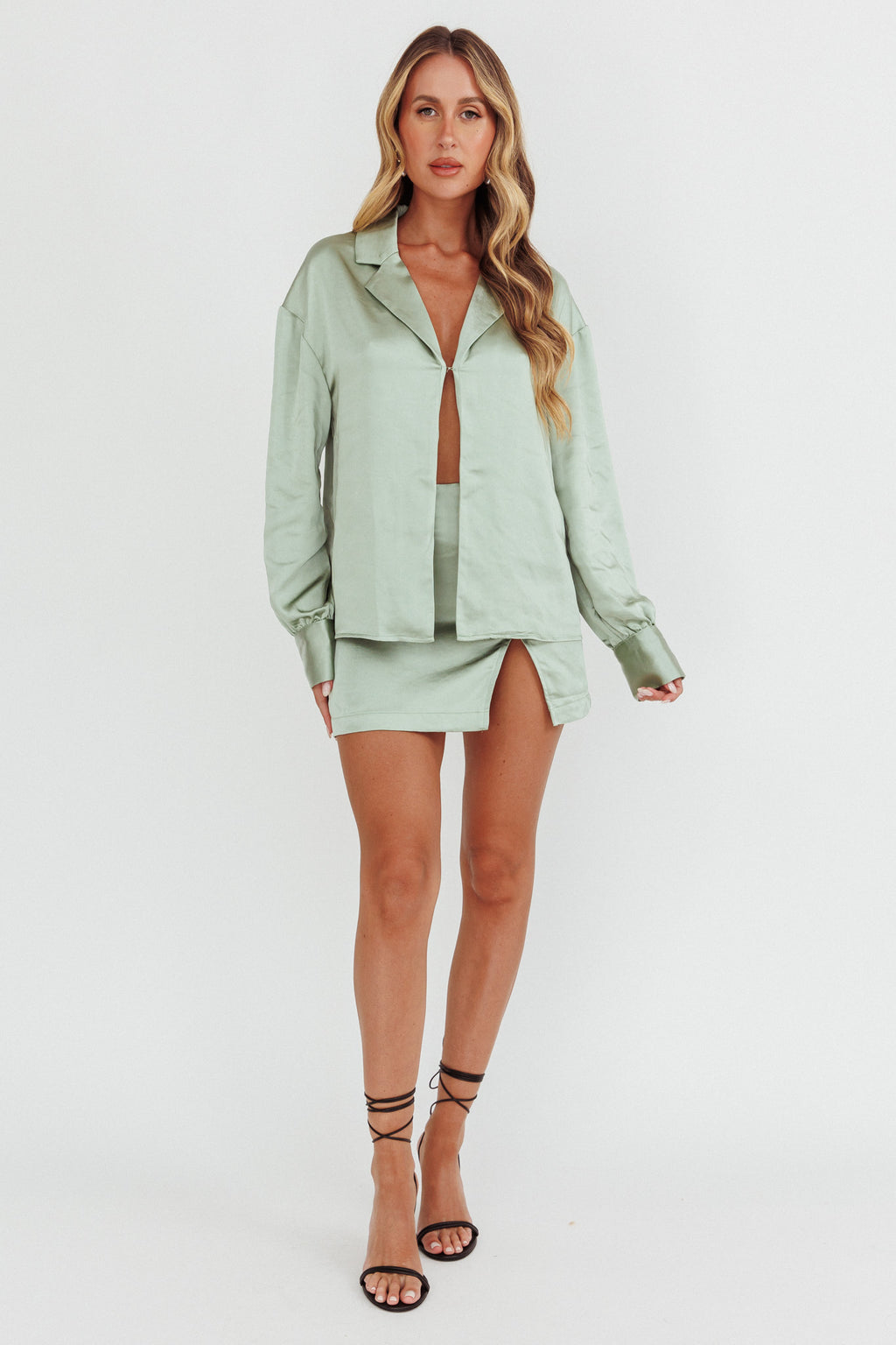 Coco Long Sleeve Satin Shirt Sage by Selfie Leslie Australia