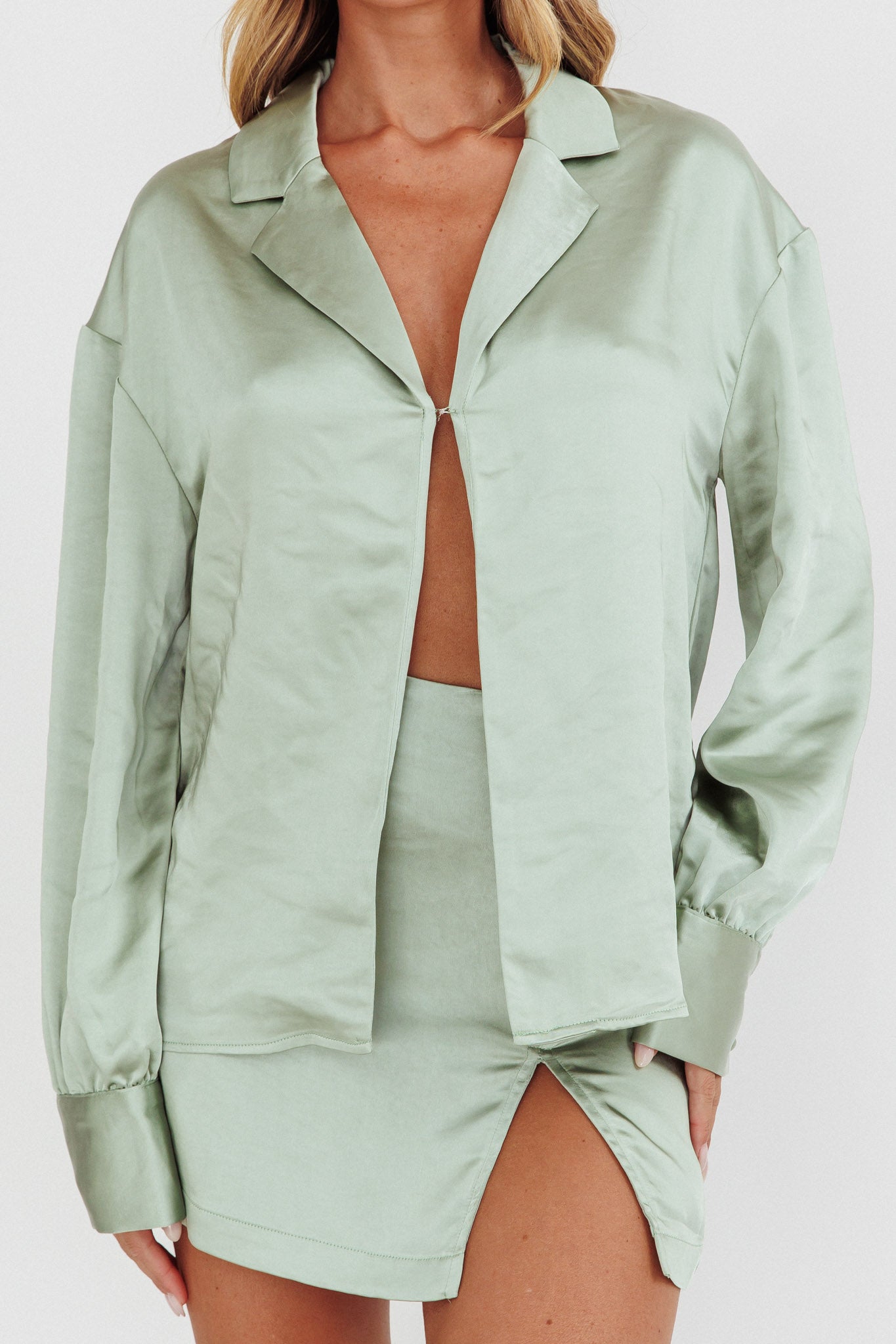 Coco Long Sleeve Satin Shirt Sage by Selfie Leslie Australia