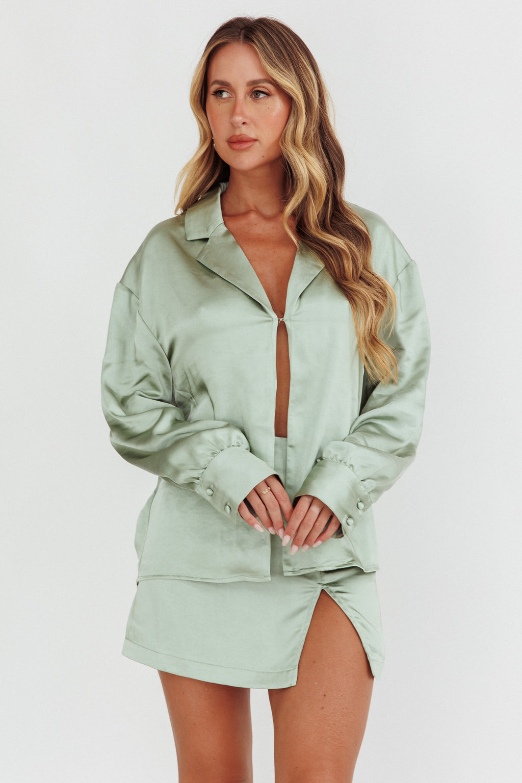 Coco Long Sleeve Satin Shirt Sage by Selfie Leslie Australia