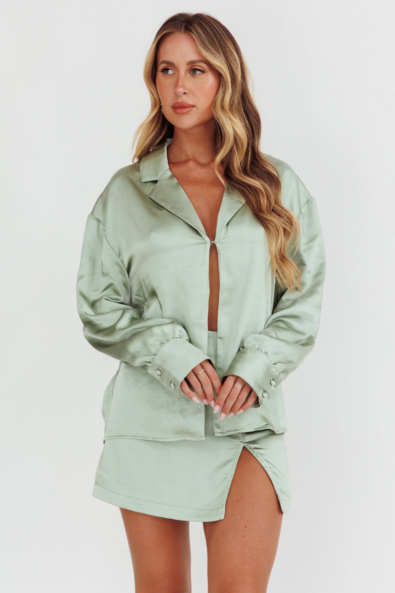 Coco Long Sleeve Satin Shirt Sage by Selfie Leslie Australia