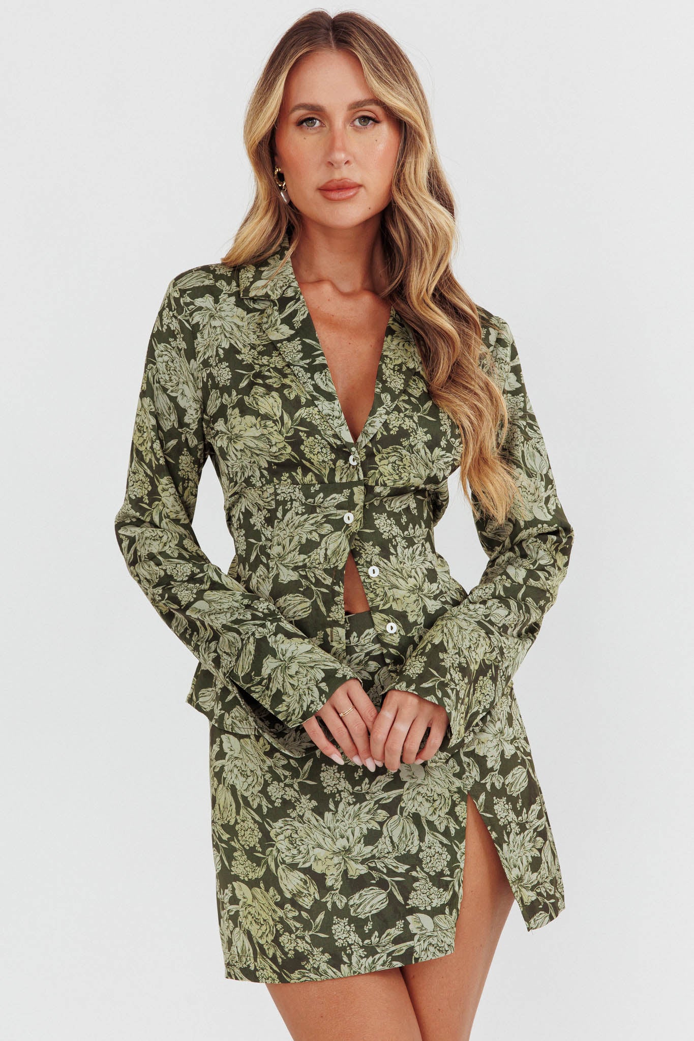 Caledonia Collared Button-Up Satin Shirt Floral Olive by Selfie Leslie Australia