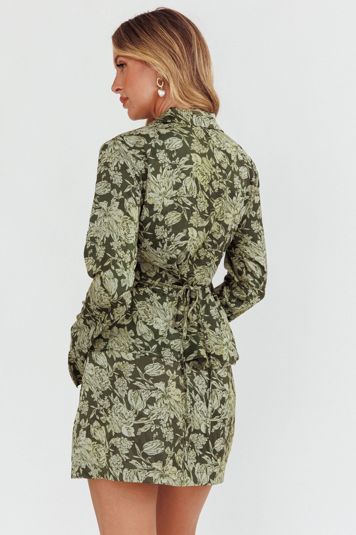 Caledonia Collared Button-Up Satin Shirt Floral Olive by Selfie Leslie Australia