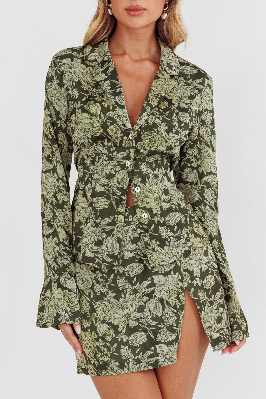 Caledonia Collared Button-Up Satin Shirt Floral Olive by Selfie Leslie Australia